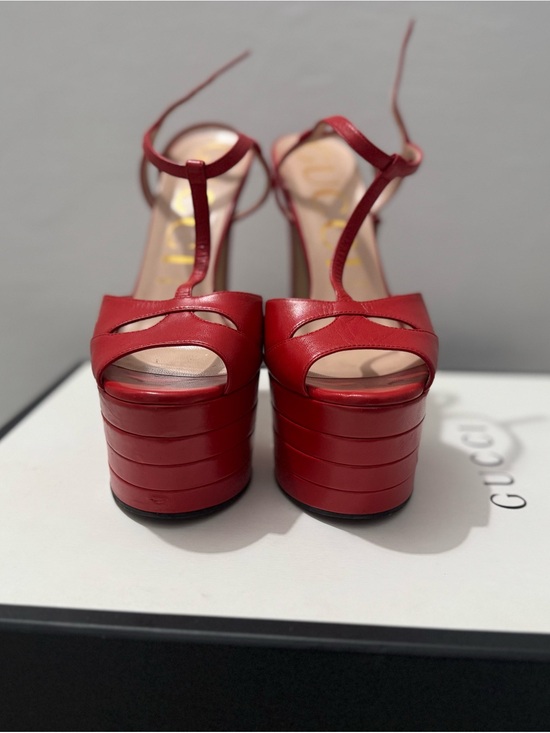 Gucci Shoes - Gucci Red Leather Platform T-Strap Sandals